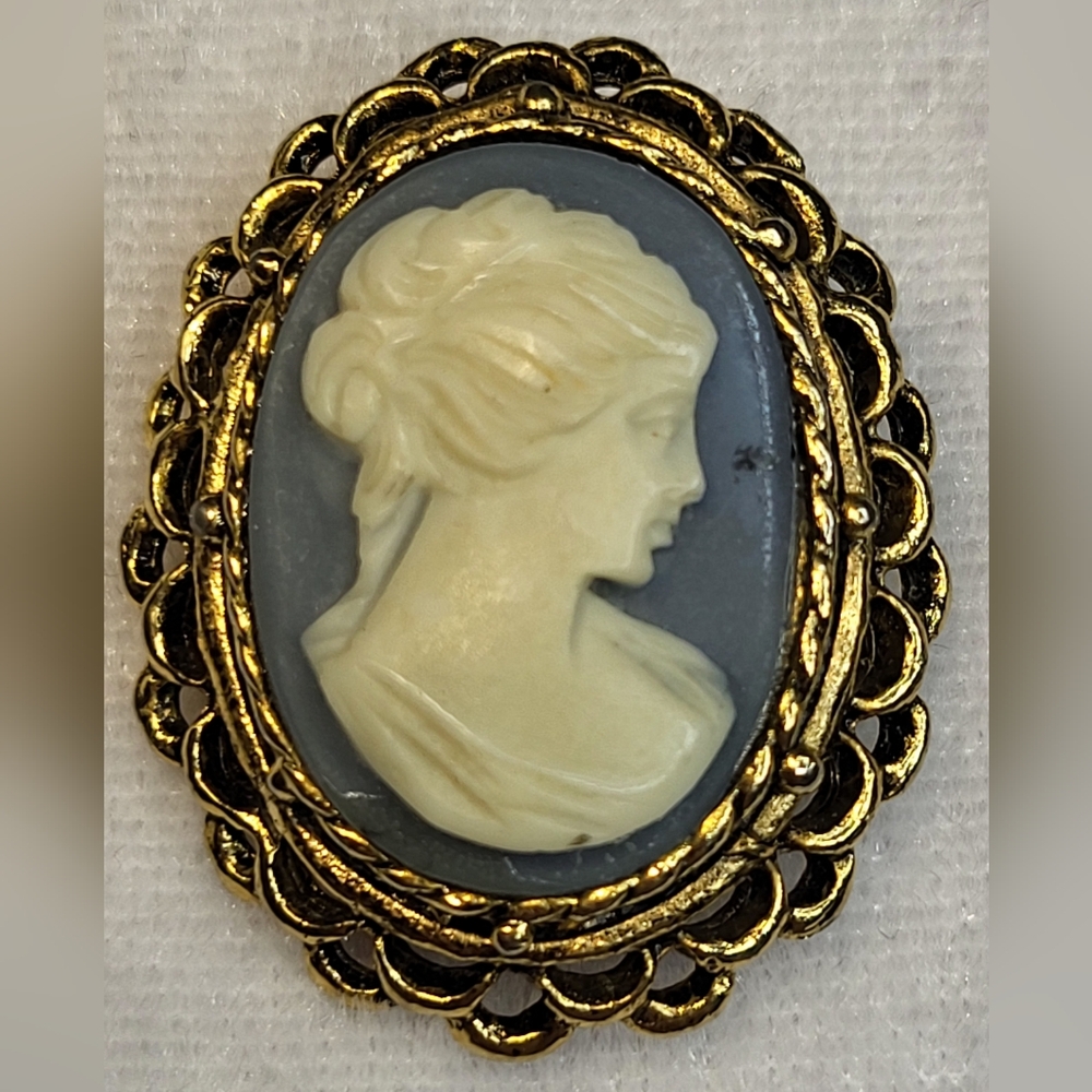 Vintage 70s Light Blue Cameo Brooch / Pin